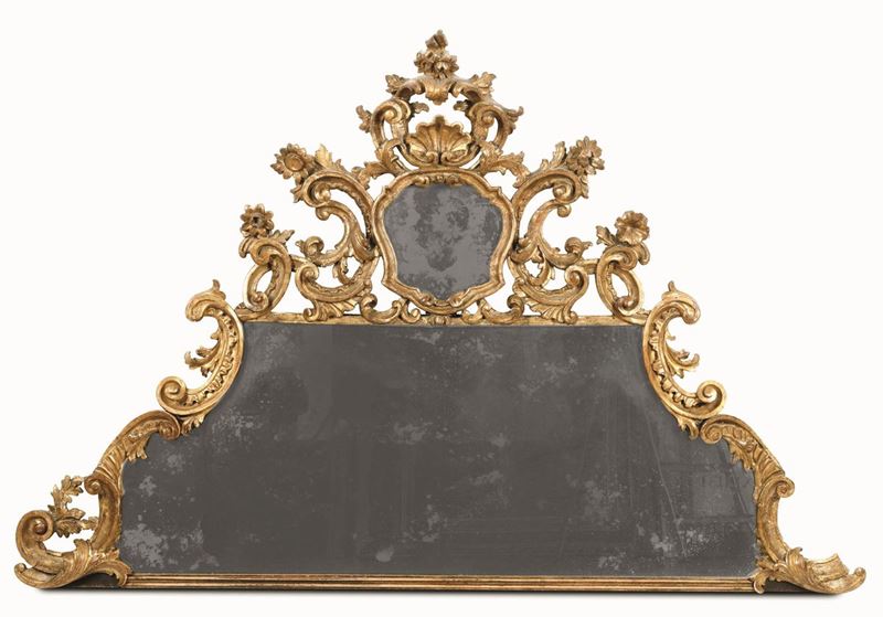 Capoletto in legno intagliato e dorato con specchi centinati composta con elementi antichi del XVIII secolo  - Asta Importanti Sculture, Arredi e Oggetti d'Arte - Cambi Casa d'Aste
