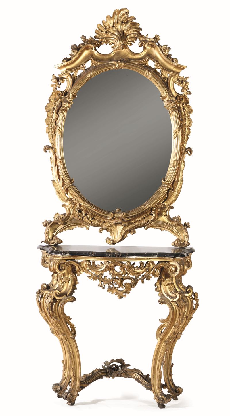 Console con specchiera in stile Luigi XV in legno intagliato e dorato, XIX secolo  - Asta Antiquariato V | Asta a Tempo - Cambi Casa d'Aste