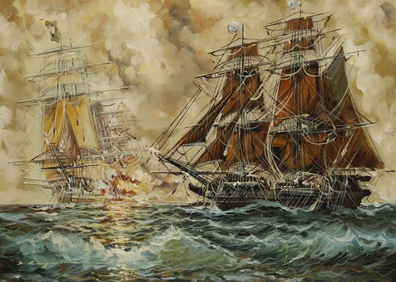 Pittore del XX secolo Battaglia navale di galeoni  - Auction Paintings of the 19th-20th century - Timed Auction - Cambi Casa d'Aste