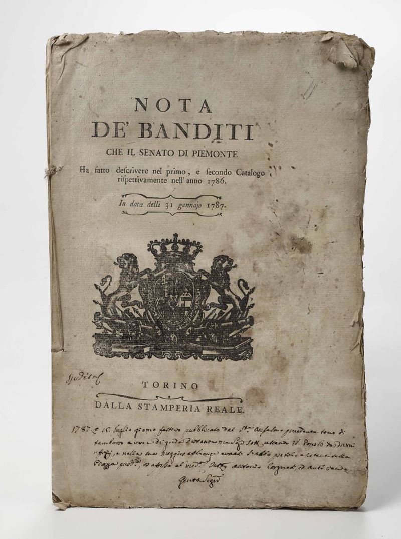 Autori vari Nota de' banditi..Torino,Stamperia Reale,1787  - Asta Incisioni, Vedute, Carte e Libri Rari - Cambi Casa d'Aste