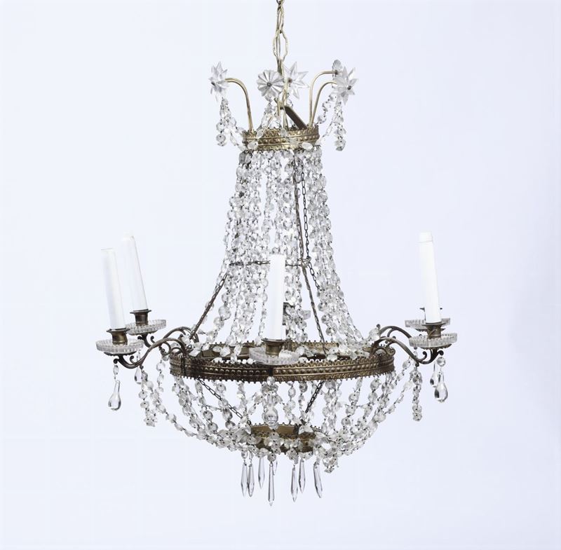 Piccolo lampadario a mongolfiera a sei bracci in metallo e cristalli, XIX secolo  - Auction Antiques II - Timed Auction - Cambi Casa d'Aste
