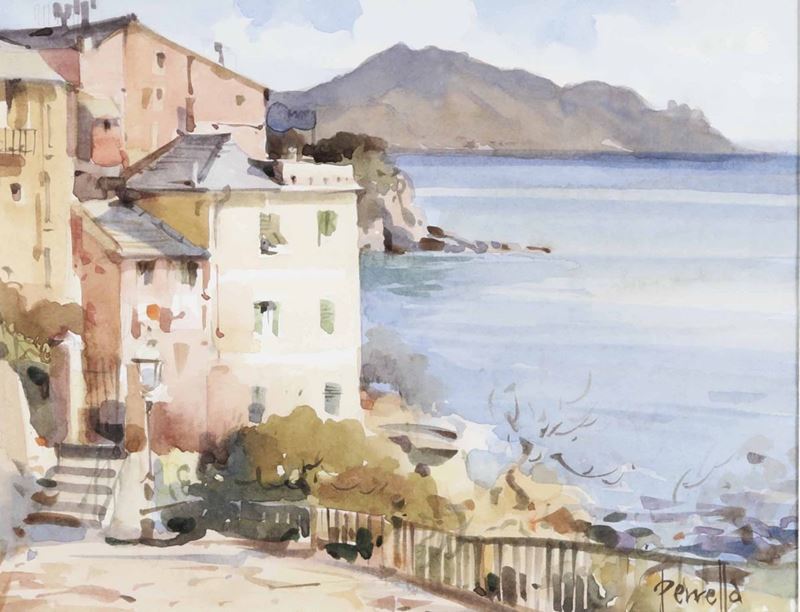 Carmine Perrella Sori case sul mare  - Auction Paintings of the 19th-20th century - Timed Auction - Cambi Casa d'Aste