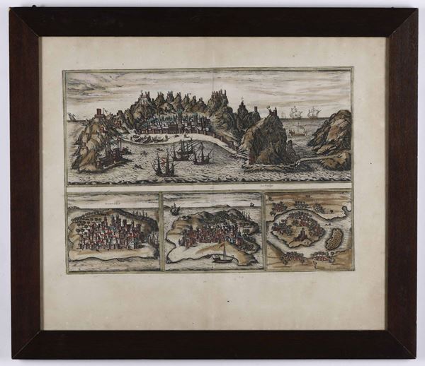 Braun, Georg - Hogenberg, Franz Vedute di Aden, Mombaza, Quiloa e Cefala. Anversa, Officina Plantiniana, 1572-1618.