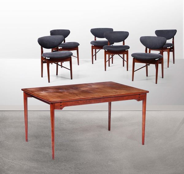 Set di tavolo e sei sedie con struttura in legno rivestimenti in tessuto.