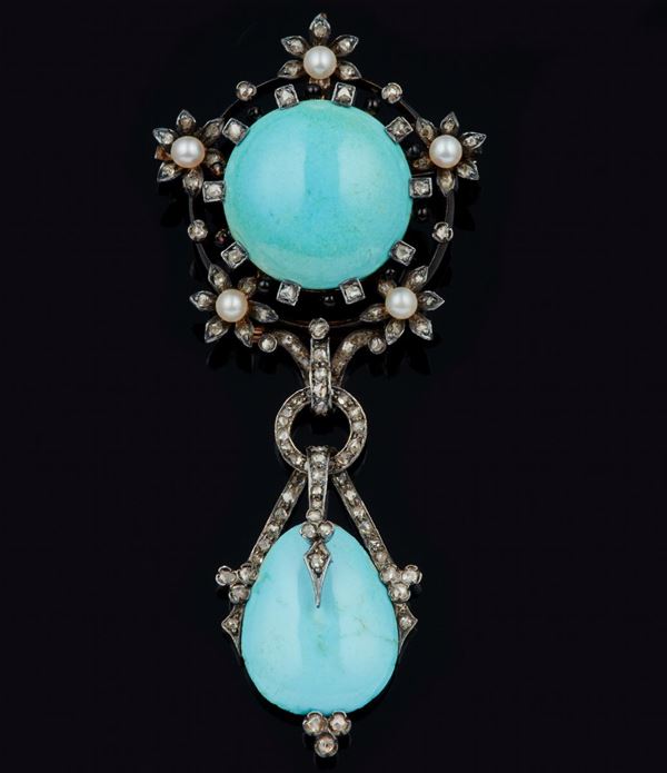 Pendente/spilla con turchesi, piccole perle e rosette di diamante