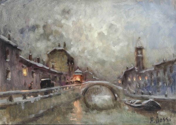 Ivan Karpov (1898 - 1970) Scena notturna del canal vena di Chioggia