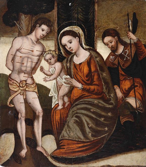 Scuola del XVI secolo Madonna con Bambino, San Sebastiano e San Rocco