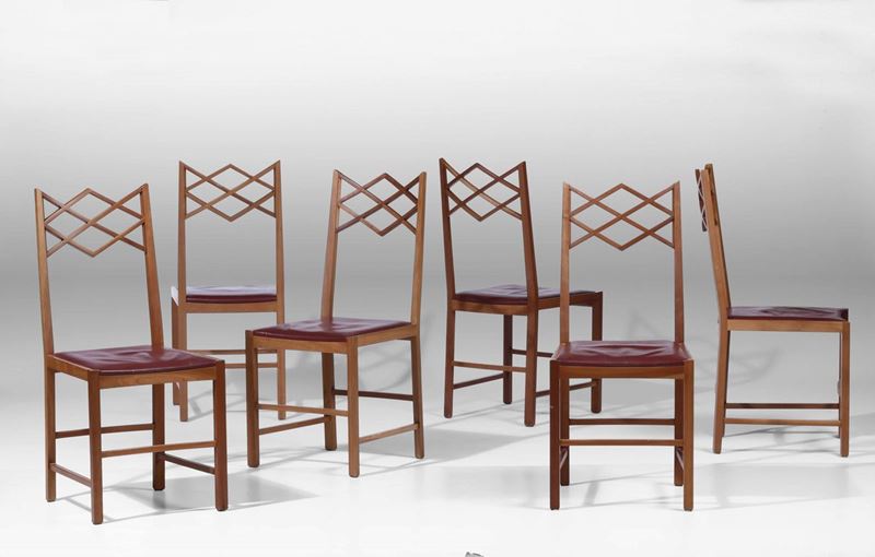 Sei sedie in legno e rivestimento in sky.  - Auction Design Lab - Cambi Casa d'Aste