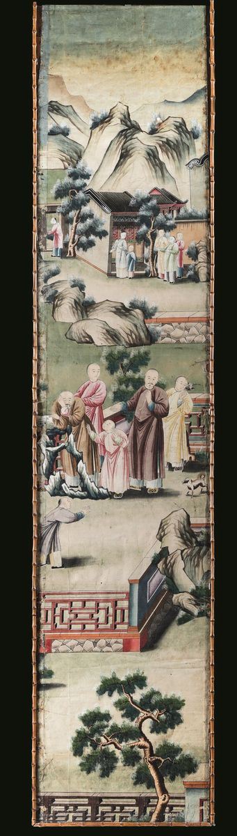 Dipinto su carta raffigurante scena di vita comune con saggi e fanciullo, Cina, Dinastia Qing, epoca Qianlong (1736-1796)
