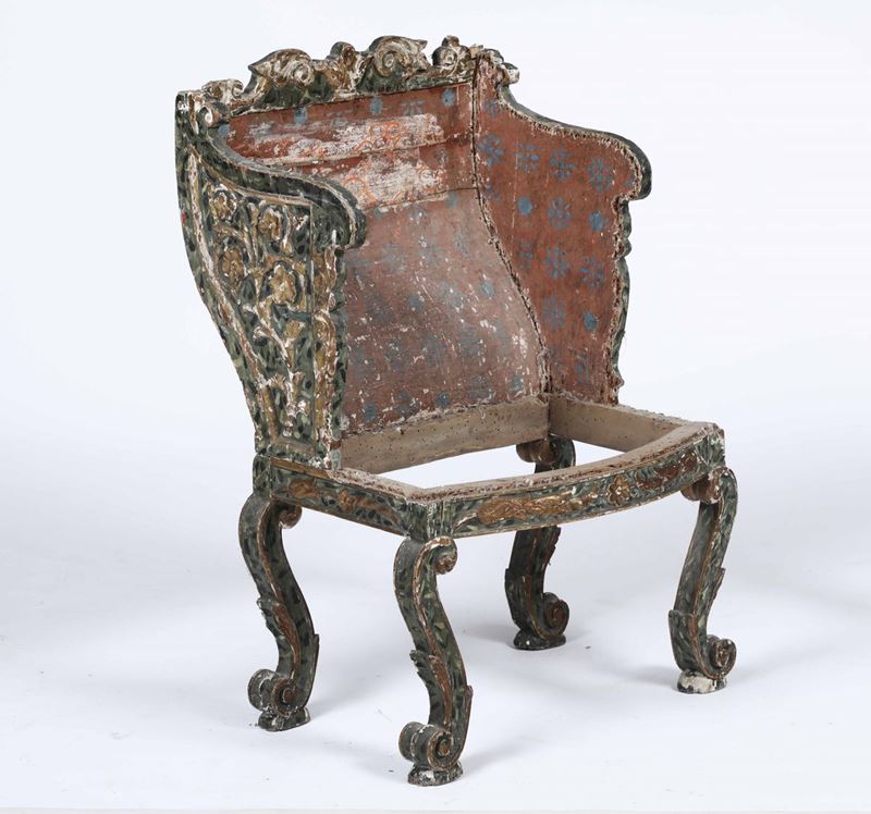 Poltrona in legno intagliato, laccato e dorato, XVII secolo  - Asta Antiquariato Selected | Asta a Tempo - Cambi Casa d'Aste