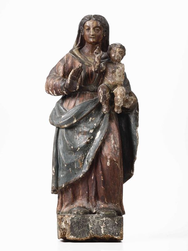 Madonna con Bambino. Legno scolpito e dipinto. Scultore italiano del XVIII secolo