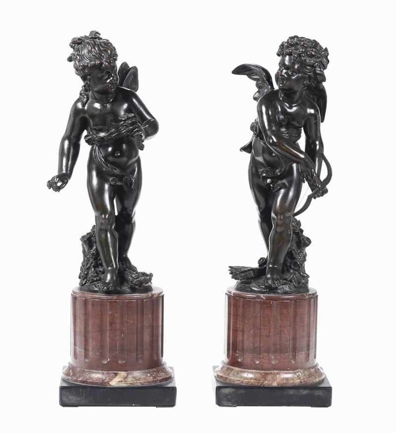 Amore e Psiche. Bronzo fuso e cesellato.  Base a semicolonna scanalata in marmo rosso e marmi colorati. Fonditore francese del XVIII-XIX secolo  - Auction Important Sculptures, Furnitures and Works of Art - Cambi Casa d'Aste