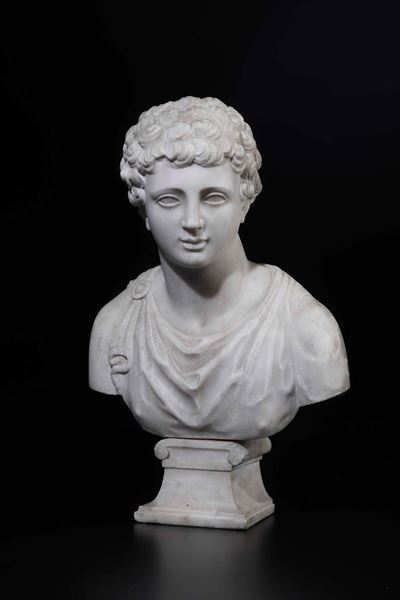 Busto Virile di Giovane (commodo?). Marmo Bianco. Arte Neoclassica Italiana del XIX Secolo
