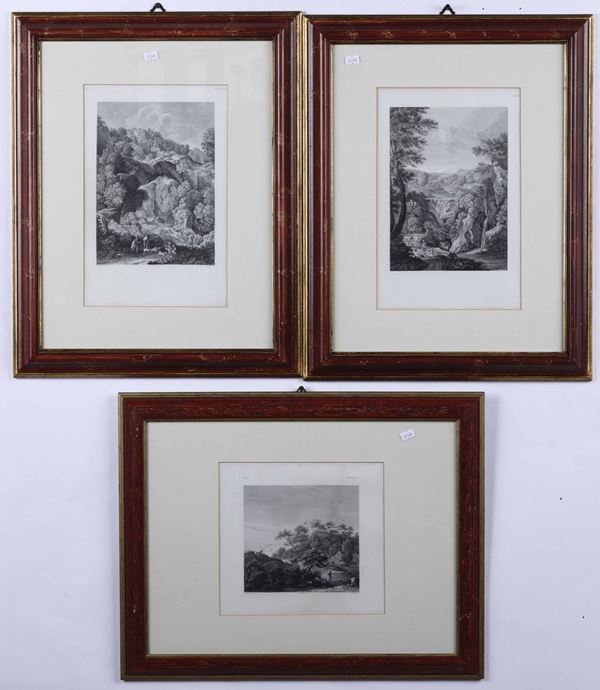 Tre stampe raffiguranti paesaggi campestri, XIX secolo