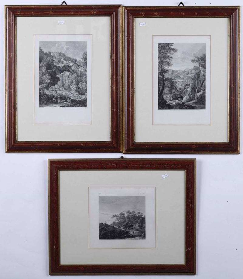 Tre stampe raffiguranti paesaggi campestri, XIX secolo  - Asta Antiquariato I - Asta a Tempo - Cambi Casa d'Aste