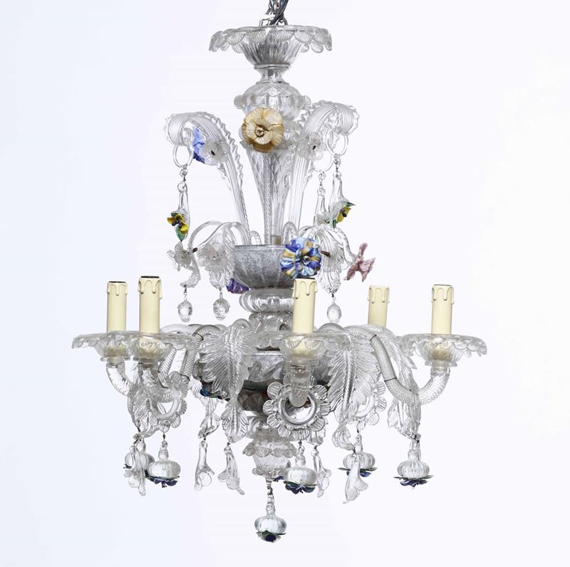 Lampadario a sei luci in vetro di Murano, XX secolo  - Auction Antiques I - Timed Auction - Cambi Casa d'Aste