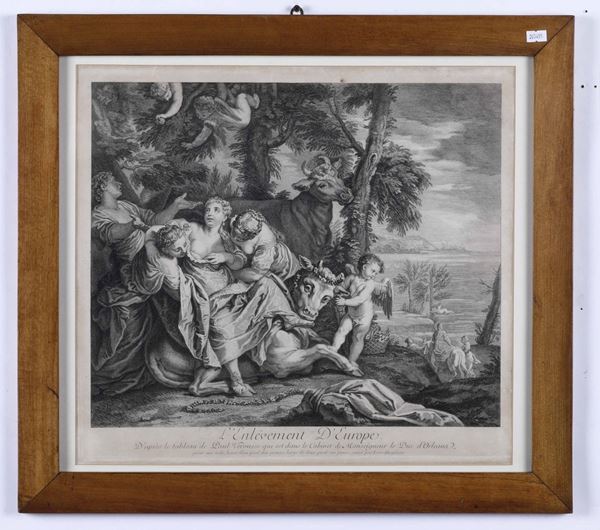 Lotto di due stampe raffiguranti cartina di Ischia e il ratto d'Europa, XVIII secolo