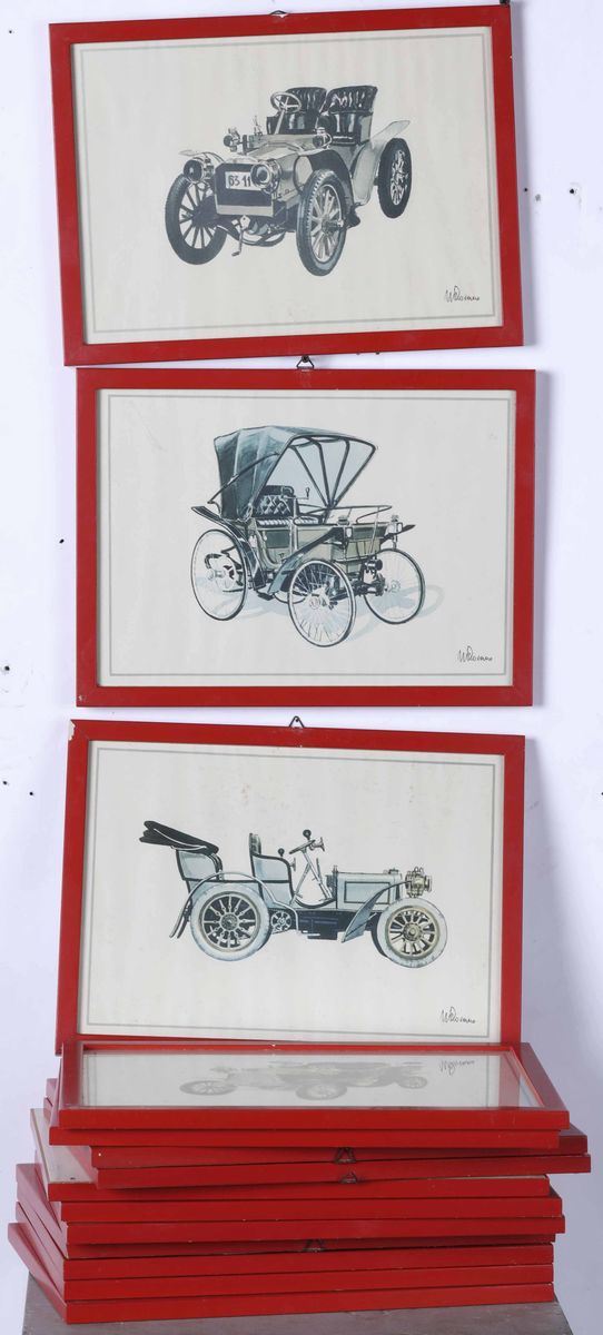 Insieme di quattordici stampe acquerellate raffiguranti auto d'epoca, XX secolo  - Auction Antiques I - Timed Auction - Cambi Casa d'Aste