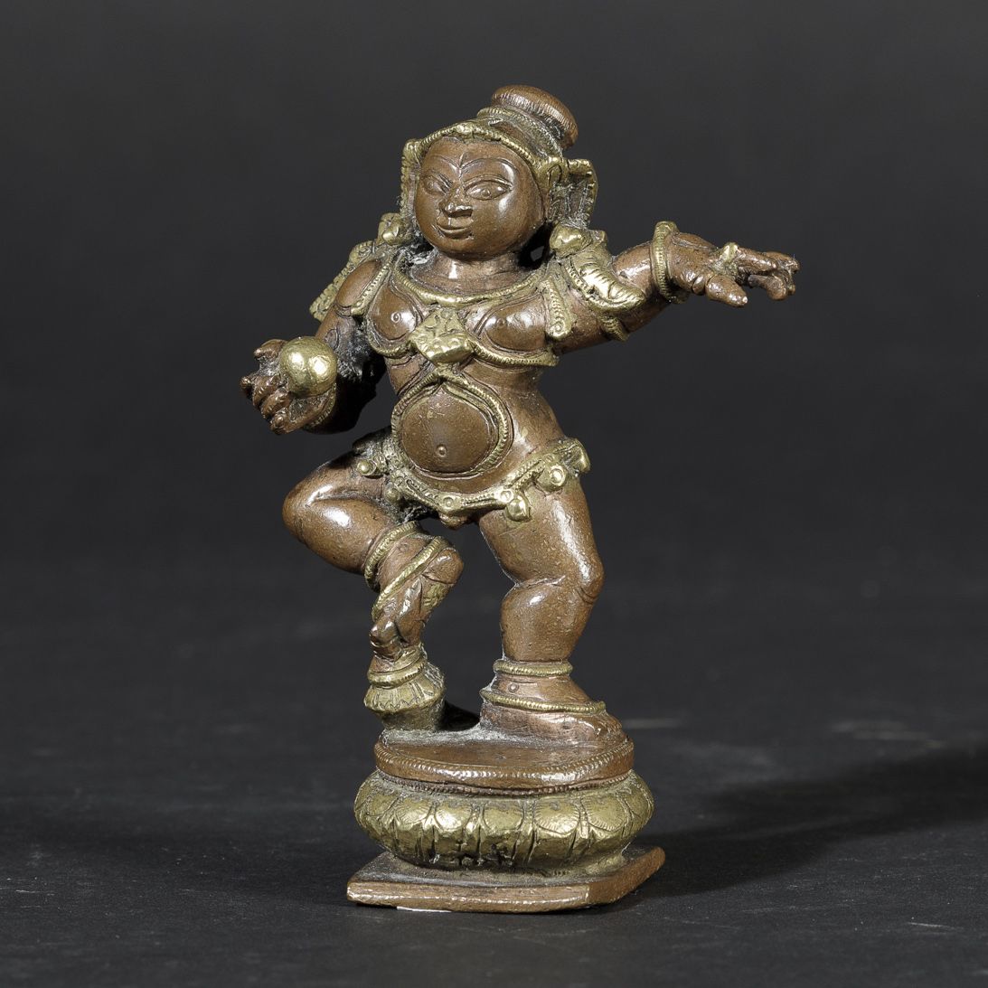 Figura di Krishna in Bronzo Parzialmente Dorato, India, XIX Secolo