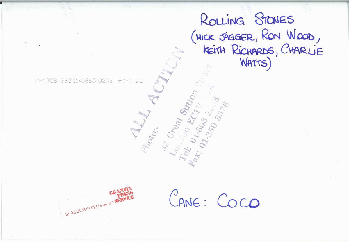 Rolling Stones (mick Jagger, Ronnie Wood, Keith Richards, Charlie Watts e il Cane Coco)