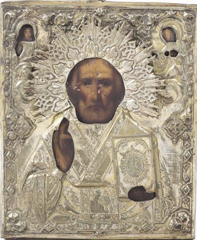 Icona Raffigurante Cristo con Riza in Metallo, Russia, XIX Secolo