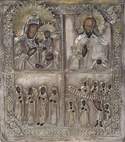Icona Raffigurante San Nicola, Madonna con Bambino e Processione, Russia, XIX Secolo