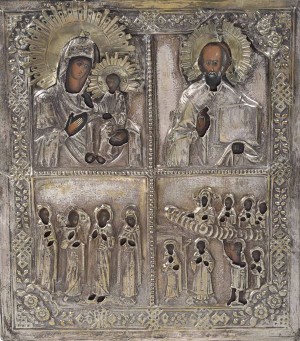 Icona raffigurante San Nicola, Madonna con Bambino e processione, Russia, XIX secolo