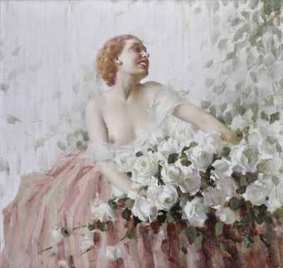 Francesco Longo Mancini (1880 - 1954)figura Femminile con Rose Bianche