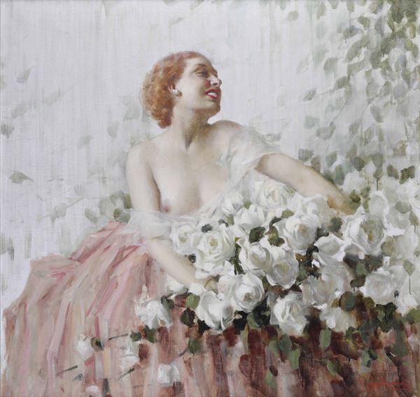 Francesco Longo Mancini (1880 - 1954) Figura femminile con rose bianche