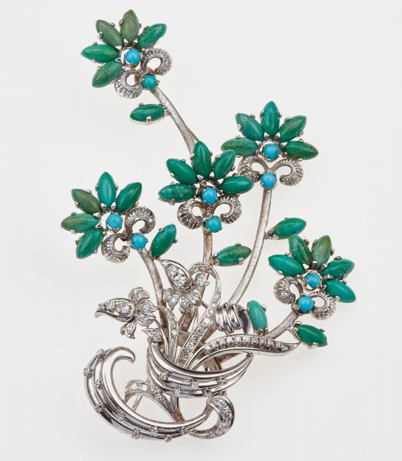 Spilla a soggetto floreale con turchesi e diamanti  - Auction Jewels and Corals | Time Auction - Cambi Casa d'Aste