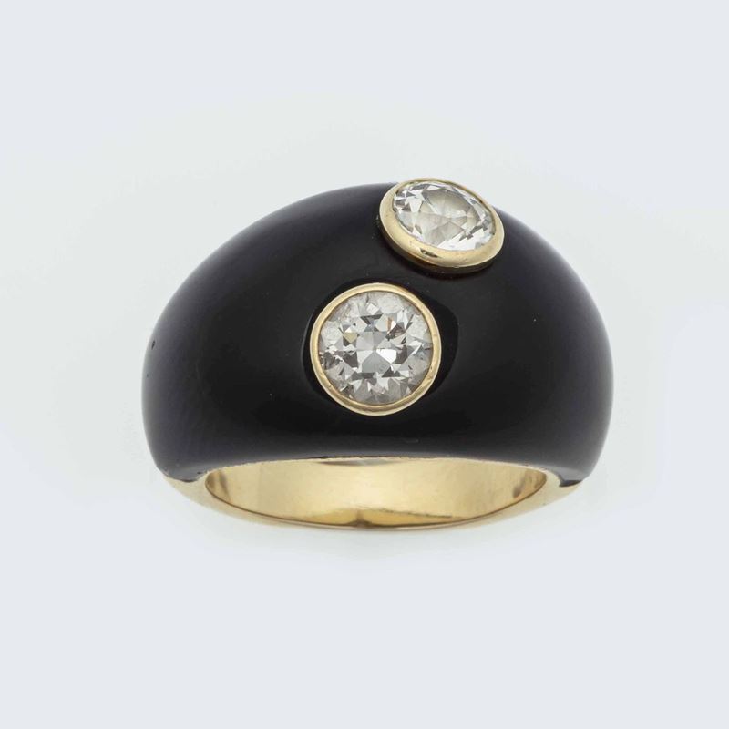 Anello con due diamanti di vecchio taglio e smalto nero  - Auction Jewels - Time Auction - Cambi Casa d'Aste