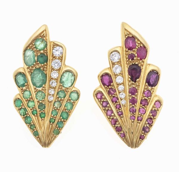 Pair of ruby and emerald earrings