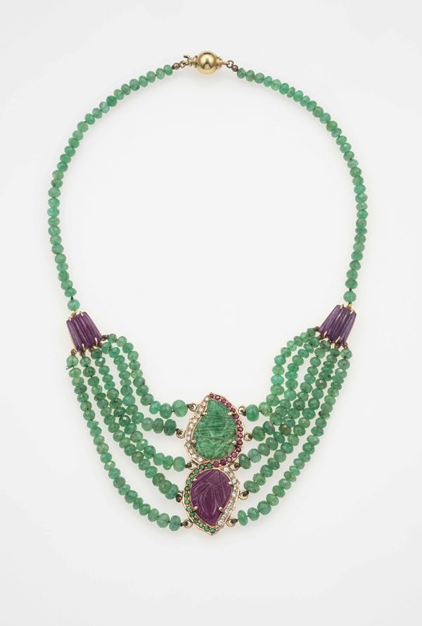 Emerald, ruby and diamond necklace