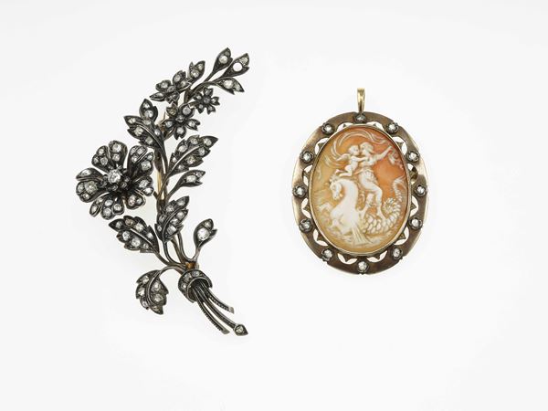 Two diamonds and cameo gold and silver brooch