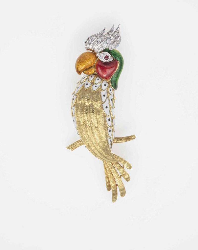 Spilla raffigurante un uccello del Paradiso con smalti policromi e diamanti  - Auction Jewels - Time Auction - Cambi Casa d'Aste