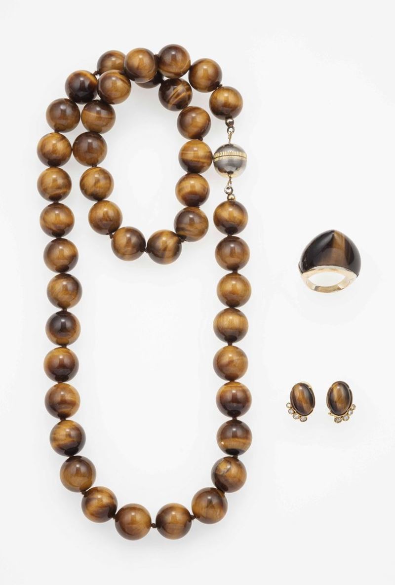 Parure composta da collana, anello ed orecchini con occhio di tigre  - Auction Jewels - Time Auction - Cambi Casa d'Aste
