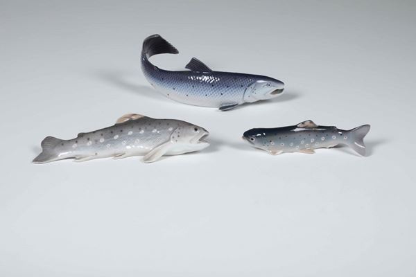 Tre figurine di pesci: due trote e un luccio Danimarca, Copenaghen, Manifattura Bing & Grondahl e Manifattura Royal Copenaghen, XX secolo