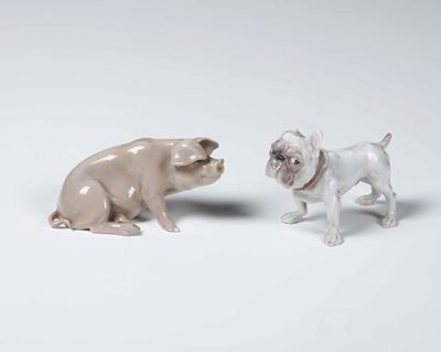 Due Figurine di Bulldog e Maialino Danimarca, Copenaghen, Manifattura Bing & Grondahl, XX Secolo