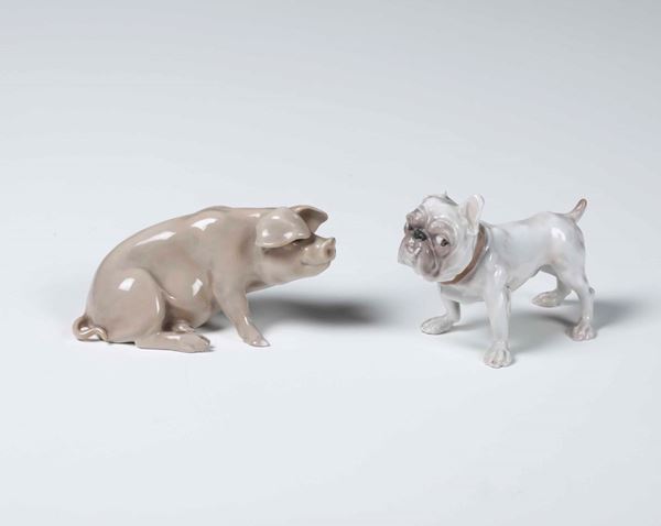 Due figurine di bulldog e maialino Danimarca, Copenaghen, Manifattura Bing & Grondahl, XX secolo