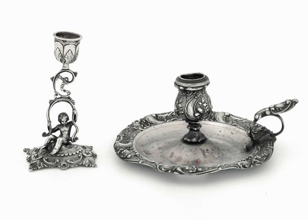 Bugia e candeliere in argento, manifattura del XX secolo