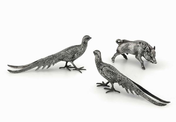 Two silver pheasants and a boar, 1900s, Italy