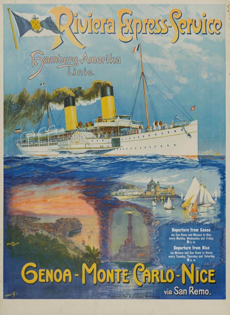 H. Van : H. Van RIVIERA EXPRESS SERVICE / HAMBURG AMERIKA LINIE / GENOA-MONTECARLO-NICE  - Auction Vintage Posters - Cambi Casa d'Aste