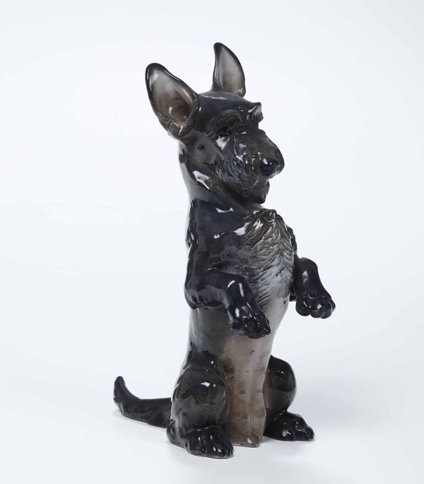 Rara figura di Scottish Terrier Germania, Selb (Baviera), Manifattura Rosenthal, prima metà del XX secolo Modello di Theodor Kärner (1884-1966), 1906-1909
