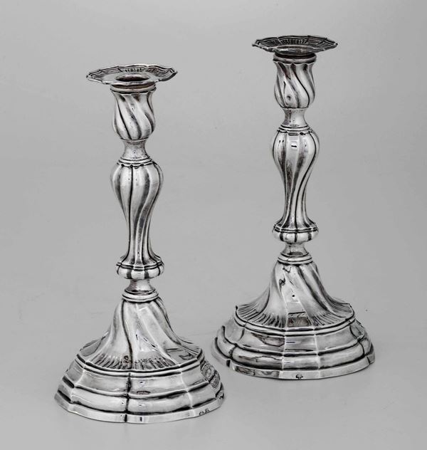 Two silver plate candlesticks, Turin mid 1700s