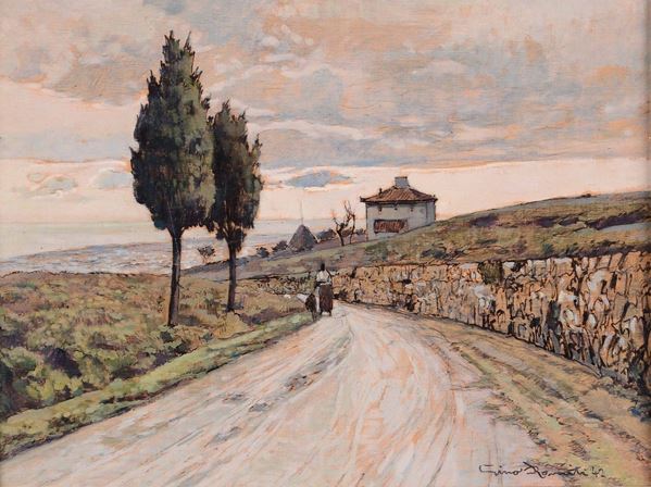Gino Romiti (Livorno 1881-1967) Paesaggio con contadina; Stradina con calesse all'imbrunire