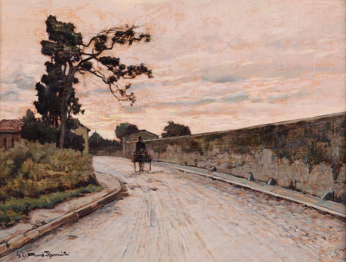 Gino Romiti (livorno 1881-1967)paesaggio con Contadina; Stradina con Calesse All'imbrunire