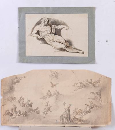 Due Antichi Disegni Raffiguranti Studi (soffitto e Divinità)