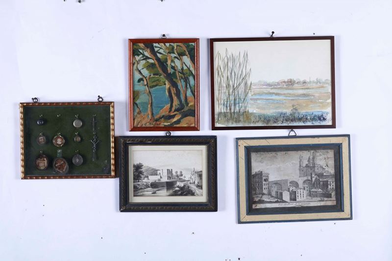 Lotto composto da piccoli reliquiari in cornice due dipinti e due stampe  - Asta Antiquariato II - Asta a Tempo - Cambi Casa d'Aste