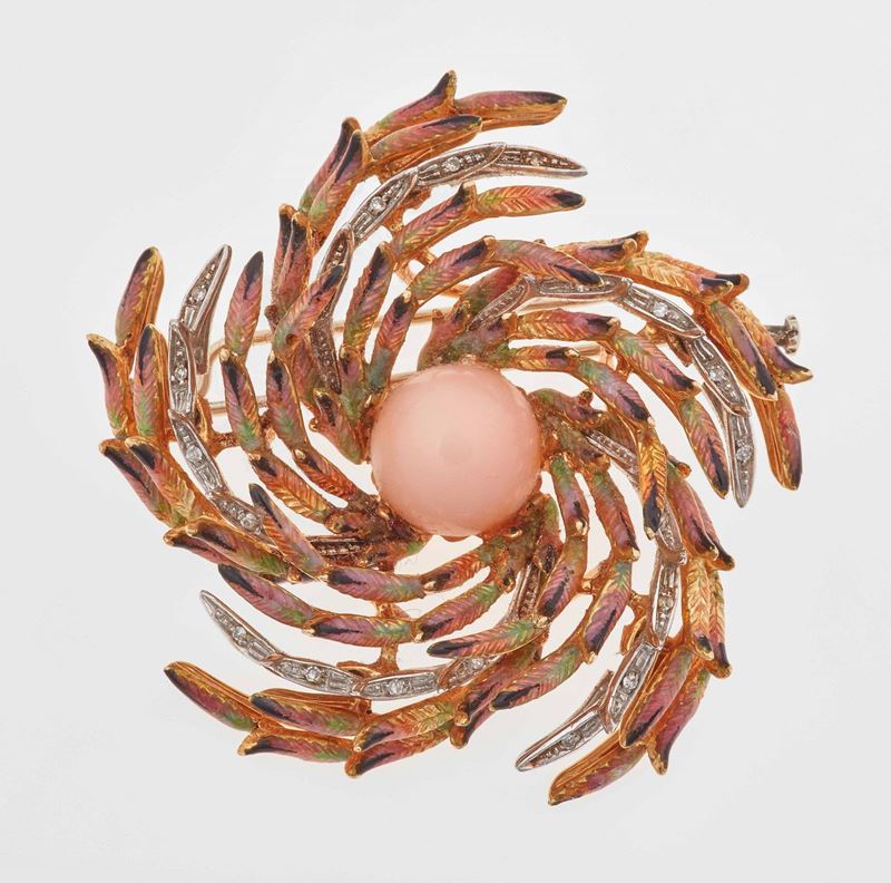 Spilla con corallo rosa, smalti policromi e diamanti taglio huit-huit  - Auction Fine Coral Jewels - II - Cambi Casa d'Aste