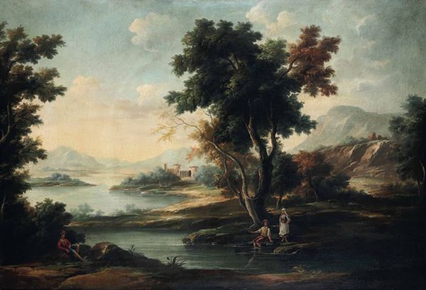 Scuola del XVIII secolo Paesaggio con personaggi a riposo in riva al fiume